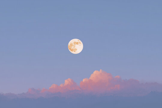 Full Moon Above Pink Clouds in Blue Sky - Powered by Adobe