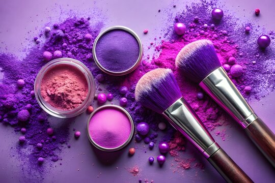 A vibrant topdown view of purple and pink makeup powder glitter and brushes scattered artistically on a purple surface
