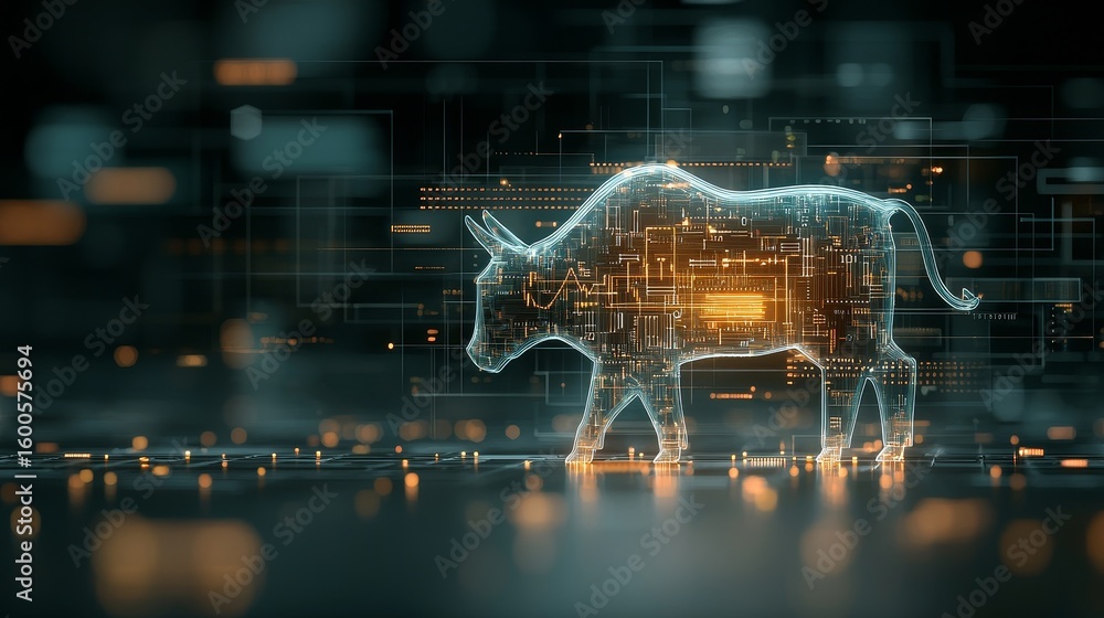 Poster digital bull representation virtual space 3d animation modern technology abstract viewpoint data vis