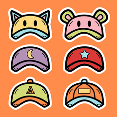 Set of cute cap hat hand drawn colorful illustration sticker collections