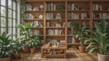 Soft-focus backdrop of a comfortable reading nook featuring wooden shelves, greenery, and sunlight for a soothing ambiance