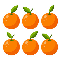 Six Cartoon Oranges with Green Leaves on a White Background Featuring Bright Orange Coloration and Simple Design Suitable for Illustrations Educational Materials and Food Related