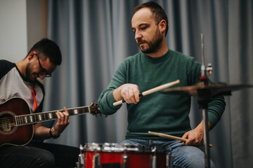 A dynamic scene of musicians playing instruments together, focusing on teamwork and creativity....