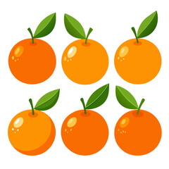 A vibrant collection of six cartoon oranges each adorned with two green leaves arranged in a neat grid pattern against a clean white background perfect