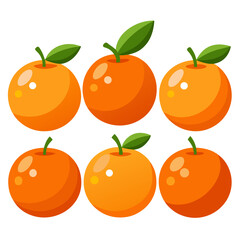A vibrant collection of six cartoon oranges each adorned with a green leaf and a glossy highlight arranged in a visually appealing and symmetrical pattern