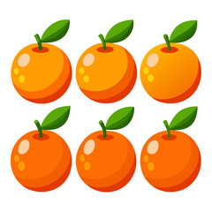 Six cartoon oranges are arranged in a grid pattern each featuring a green leaf and stem set against a plain white background perfect for a