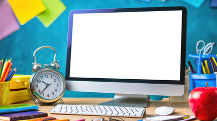 An invitation to discounts at the school store. Online shopping of school stationery. Mockup of the computer screen. The computer monitor is mounted on a wooden table with an alarm clock