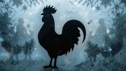 New Year celebration icon, frosted glass with rooster shadow and digits