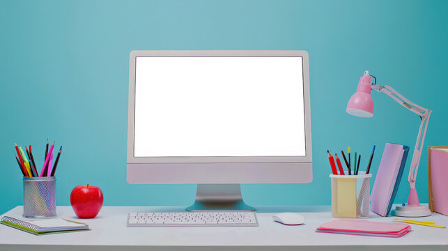 The workplace of a student or student. The computer monitor is mounted on a white desk with a pink lamp, keyboard, mouse, red apple and other office supplies. Mockup of the computer display