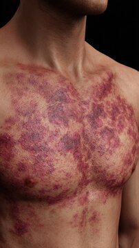 Detailed skin examination capturing patchy brickred rash advancing over chest and abdomen following eschar in scrubtyphus vasculitis case.