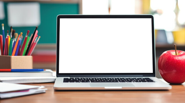 The concept of training and education. An open laptop with an empty screen stands on a wooden table in the school office. A laptop moccap next to a red apple, notebooks, books, and pencils