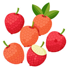 Illustration of Lychee Fruits with Green Leaves and Textured Skin Showing the White Flesh of One Fruit Isolated on a White Background Featuring Vibrant Colors