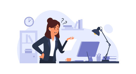 Confused businesswoman reviewing documents at her desk, perfect for illustrating workplace stress or problem-solving.