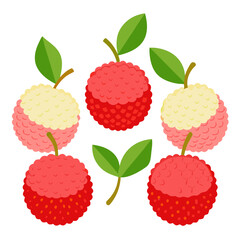 Five Lychee Fruits with Green Leaves Some Peeled Displayed on a White Background Illustrating a Tropical Fruit and its Interior Ideal for Food and Healthy