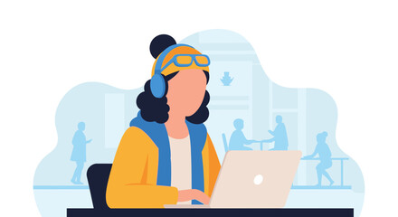 Young woman working on laptop, perfect for website banners or blog posts about remote work, freelancing, or online education.