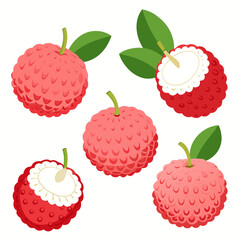 A vibrant and detailed vector illustration showcasing five lychee fruits some whole with leaves and stems and others cut open to reveal the white flesh