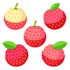 Five Cartoon Lychee Fruits with Varying Shades of Pink and One Cream Colored Placed on a White Background Perfect for Illustrating Tropical Fruit or Healthy
