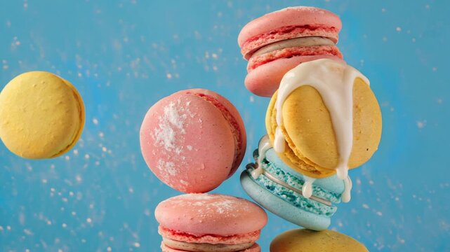 Colorful french macarons cascading against a vibrant blue background with water droplets