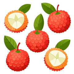 Vibrant Lychee Fruit Illustration A Collection of Whole and Halved Lychees with Green Leaves on a Clean White Background Perfect for Tropical Fruit Designs colorful