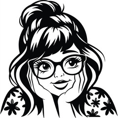 Smiling woman with glasses and floral shirt rests her face on her hands