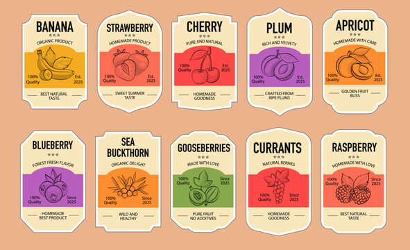 Vintage Fruit Label Set. Vector Emblems, Sketch Style Logos, and Farm-Themed Templates