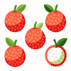 A collection of five stylized lychee fruits featuring a vibrant red exterior green leaves and a semi peeled fruit revealing its white flesh and green