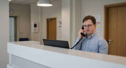 Young man with glasses talking on phone at modern office reception desk. Professional male receptionist providing customer service while smiling in contemporary workplace environment