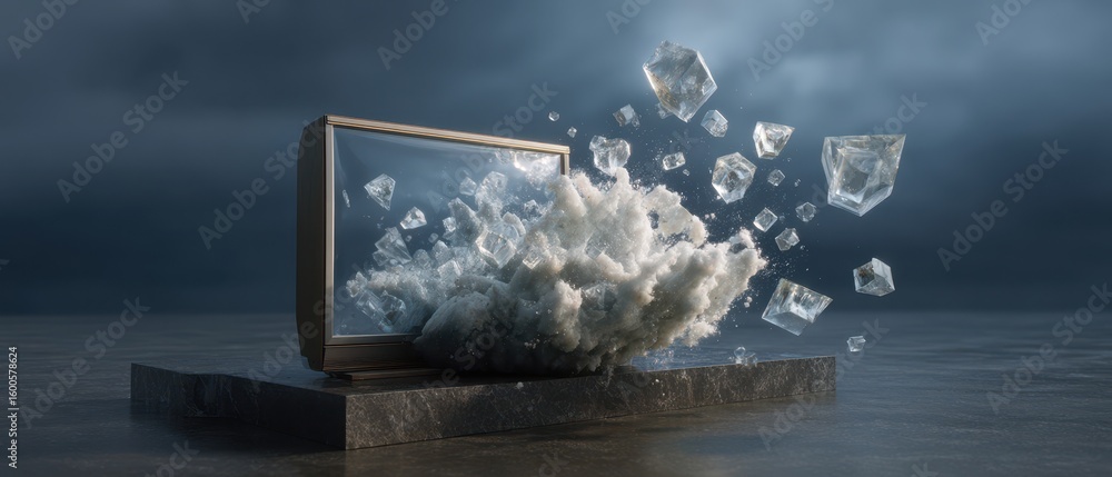 Poster crystal clear tv exploding into shards of content amidst a dramatic cloudburst