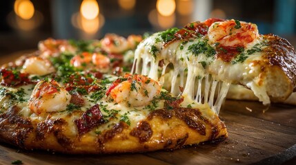 Artisan seafood pizza with golden melted cheese and colorful toppings on a rustic crust