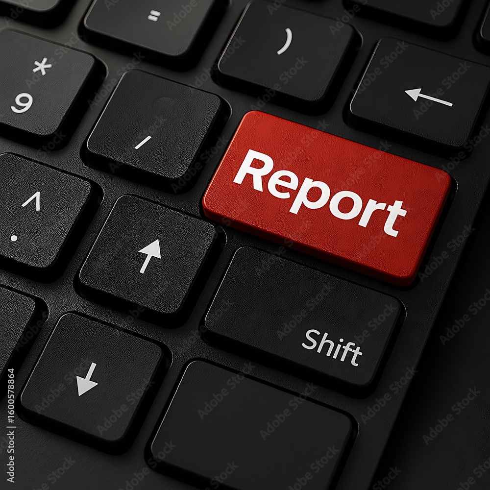 Wall mural close-up of red report button on modern black keyboard
