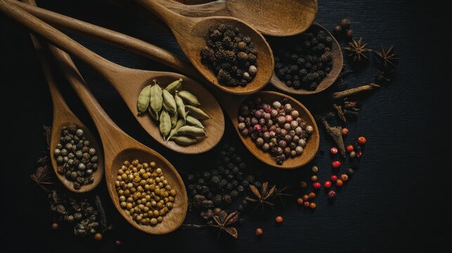 Wooden spoons filled with various spices and herbs.