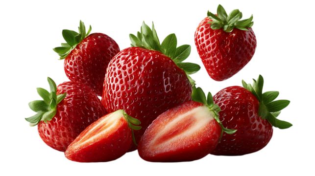 Fresh ripe strawberries grouped together isolated on transparent background