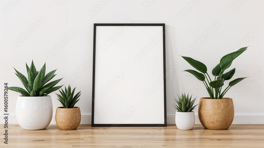 Poster room setup featuring a notebook and potted plants, empty space background
