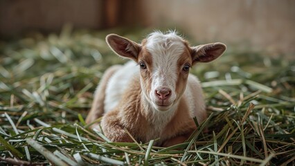 Fototapeta premium Tiny lamb lying in a shelter
