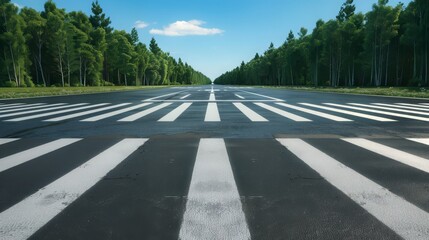 Obraz premium A vivid view of a deserted crosswalk leading into a lush green landscape, showcasing a bright blue sky and fluffy white clouds.