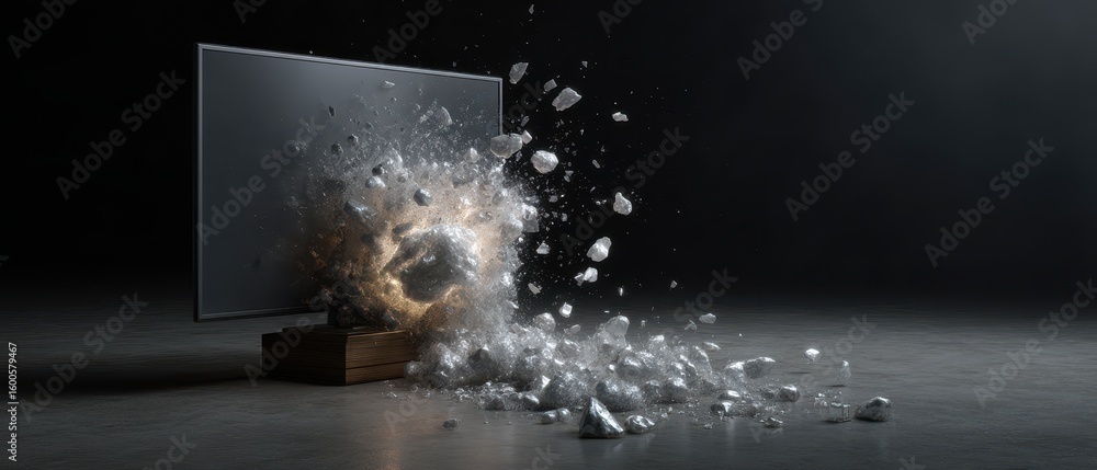 Poster crystal clear tv exploding into shards in dramatic display for digital and print media