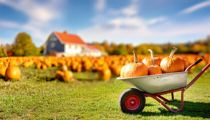 Schubkarre mit Kürbissen vor einem Bauernhof 