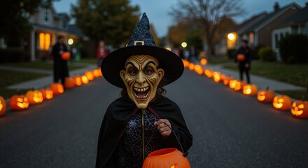 Child in scary witch mask and costume trick or treating on decorated halloween street. Young person wearing frightening outfit walking among jack-o-lantern pumpkins
