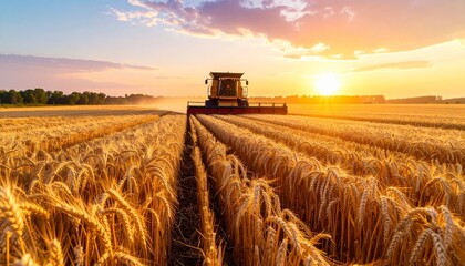 Combine harvester working in a vast summer wheat field under a blue sky with clouds