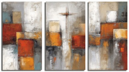 Vivid abstract art trio, orange, grey, and white paintings in harmony modern wall decor