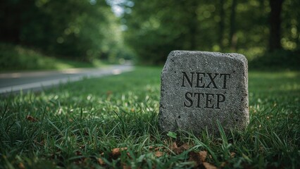 Antique milestone with a worn texture beside a softly focused grassy roadside, depicting advancement towards goals