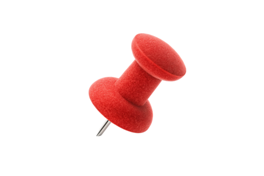 Red foam push pin with cylindrical body and wide circular head, isolated on a transparent background