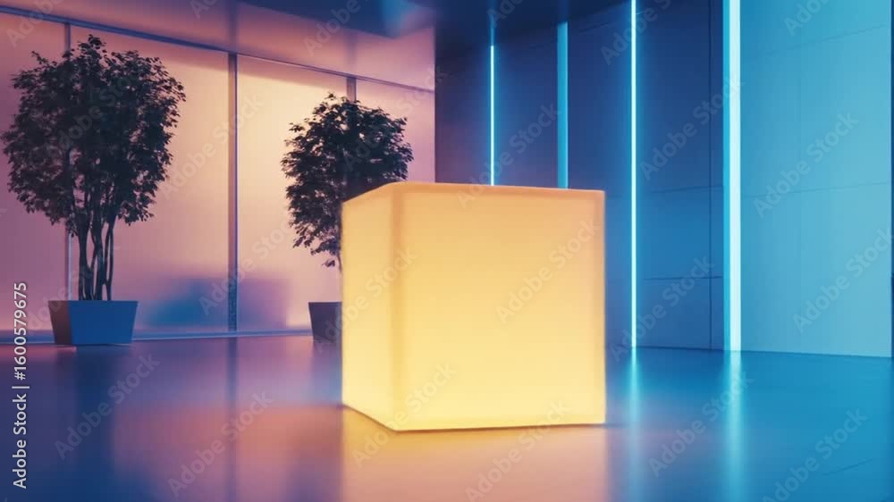 Poster abstract illuminated cube with color variation in the futuristic hallway in modern building