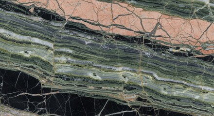 Abstract close-up of banded marble with green, black, and pink layers and intricate crack patterns.