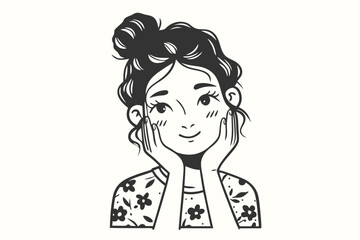 Smiling woman with bun gazes dreamily, gently touching her cheeks and wearing floral shirt