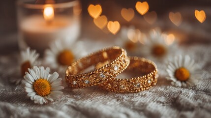 Intertwined golden friendship bracelets resting on soft velvet beside fresh daisies, symbolizing lasting bonds and celebration of unity