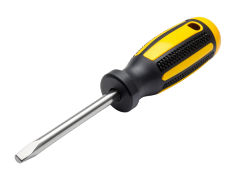 Flathead Screwdriver with Yellow and Black Handle Isolated on White Background PNG   