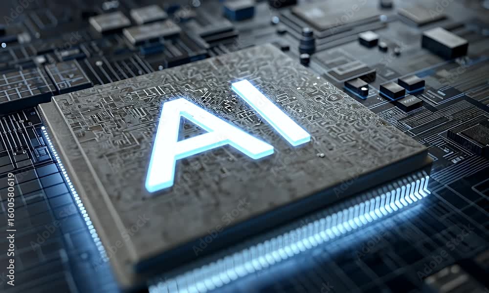 Poster glowing ai microchip on circuit board