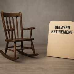 Social security dilemma. A vintage rocking chair next to a file labeled "Delayed Retirement.