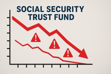 Social security dilemma. Graph illustrating decline in Social Security Trust Fund with warning symbols.
